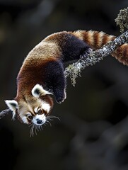 An image of a red panda hanging on a tree branch. Perfect for baby products, animal blogs, and projects related to nature and wild life.