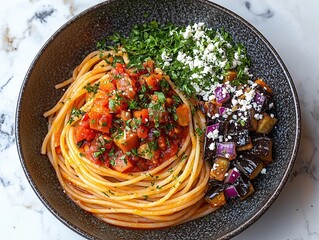 Delicious Spaghetti with Roasted Eggplant, Tomato Sauce, and Feta