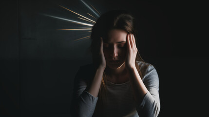 Woman suffering from headache, migraine, pain and health problem concept. AI Generative.