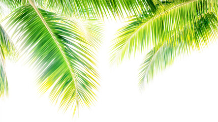 Naklejka premium Vibrant tropical summer abstract featuring lush palm leaves, sunlit skies, and a vacation-inspired atmosphere, isolated on a clean white background, evoking a relaxed, exotic vibe