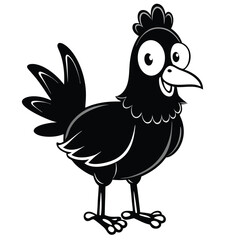 Monochrome Cartoon Chicken Standing With A Smiling Face And Outlined In Grey