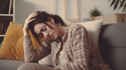 Woman suffering from headache, migraine, pain and health problem concept. AI Generative.