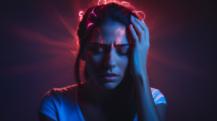 Woman suffering from headache, migraine, pain and health problem concept. AI Generative.