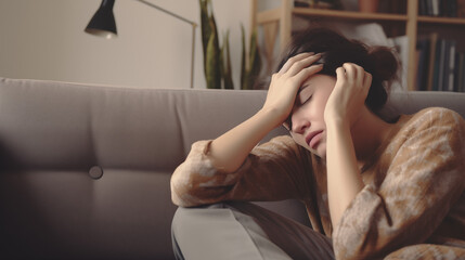 Woman suffering from headache, migraine, pain and health problem concept. AI Generative.