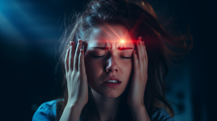 Woman suffering from headache, migraine, pain and health problem concept. AI Generative.