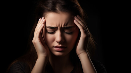 Woman suffering from headache, migraine, pain and health problem concept. AI Generative.