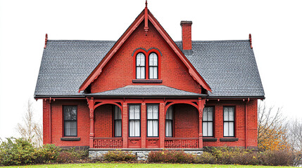 Red brick house with gabled roof and porch on white background