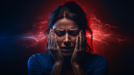 Woman suffering from headache, migraine, pain and health problem concept. AI Generative.