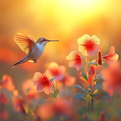 Fototapeta premium Hummingbird in flight, sunset meadow flowers