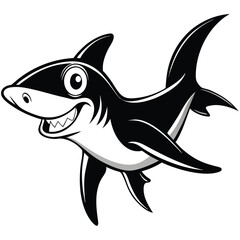 Cheerful Shark Cartoon Vector Illustration In Black And White Style