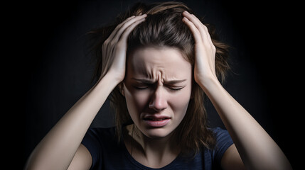 Woman suffering from headache, migraine, pain and health problem concept. AI Generative.