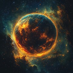 Obraz premium Fiery Nebula Planet A Cosmic Wonder
