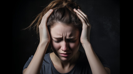 Woman suffering from headache, migraine, pain and health problem concept. AI Generative.