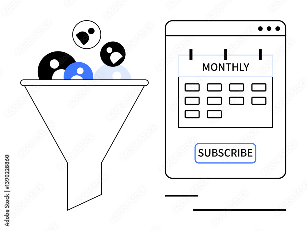 Poster funnel directing diverse user profiles toward calendar-based monthly subscription window. ideal for 