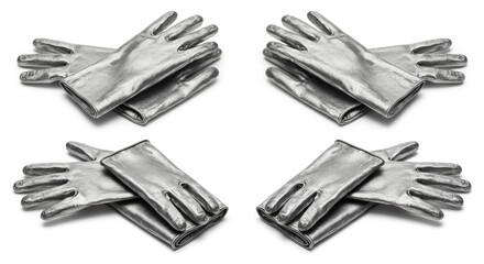 Silver aluminized gloves arranged on a pristine white backdrop emphasizing purity and sophistication