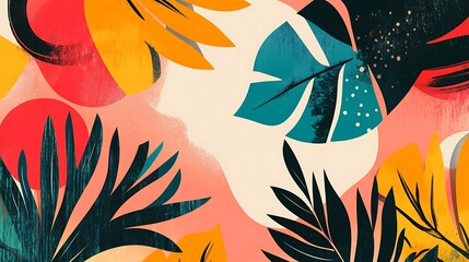 Vibrant tropical leaves and abstract shapes on a pink background.