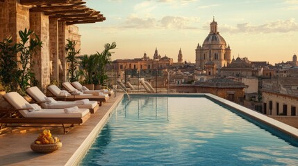 Luxurious Rooftop Pool with Scenic City Views at Sunset in Rome, Italy
