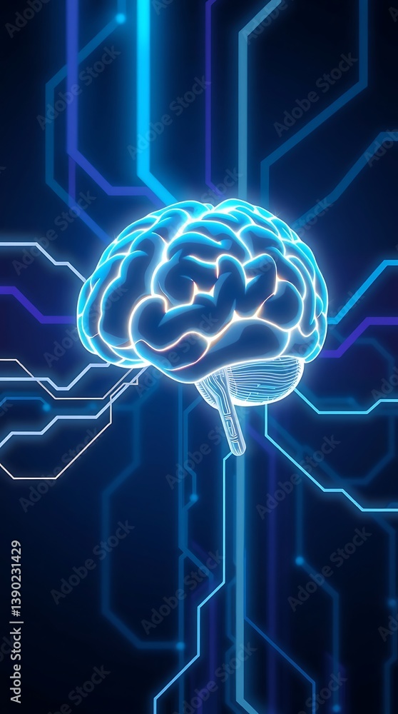 Poster glowing neon brain connected to futuristic circuits, floating over a dark tech background with blue-