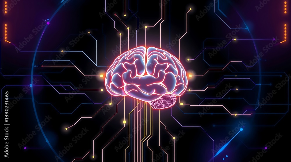 Poster glowing neon brain connected to futuristic circuits, floating over a dark tech background with blue-