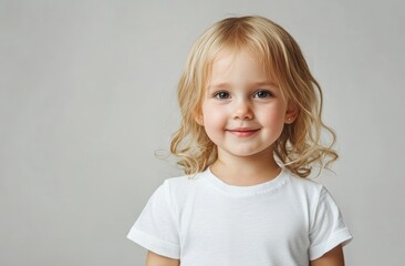 Naklejka premium A young blonde child with long hair smiles gently, wearing a white shirt, against a neutral light background. The child’s soft expression and natural look create a warm, calm atmosphere.