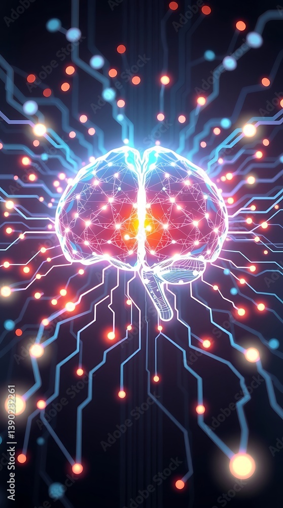Poster futuristic illustration of a glowing ai brain formed from light particles and digital lines, surroun