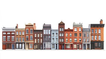 Row of colorful brick buildings on white background