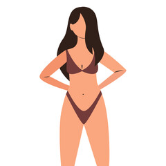 Slim woman in brown bikini with long dark hair.