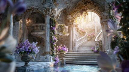 Spring festive marble stairs and arches with Hyacinth flowers and green leaves decorations, fantasy palace, stone spiral stair with floral garlands, fairytale princess castle interior, AI generated