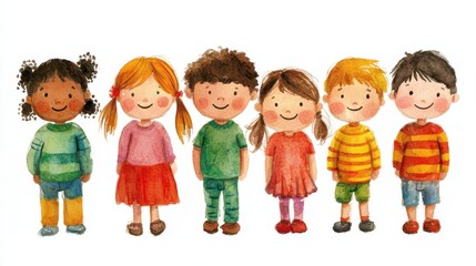 A group of cute preschoolers painted in watercolor, each standing with different joyful expressions, perfectly suited for a children book.