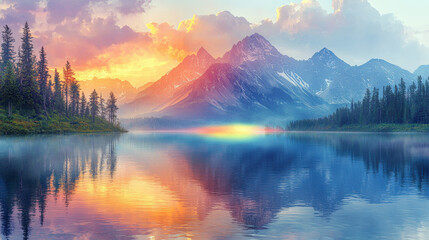 Obraz premium Sunset reflections on serene lake amidst majestic mountains nature photography tranquil environment scenic view