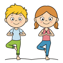 Cartoon Kids Practicing Yoga Poses Vector Illustration For Healthy Lifestyle