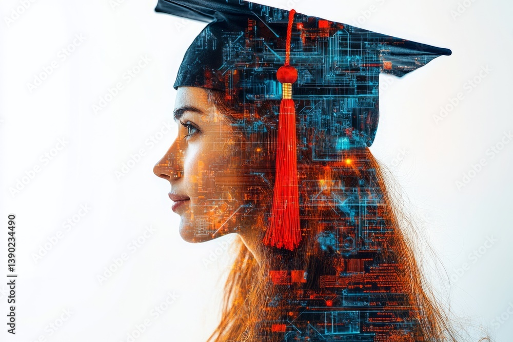 Poster profile of graduating student with superimposed digital circuit design, symbolizing the fusion of ed