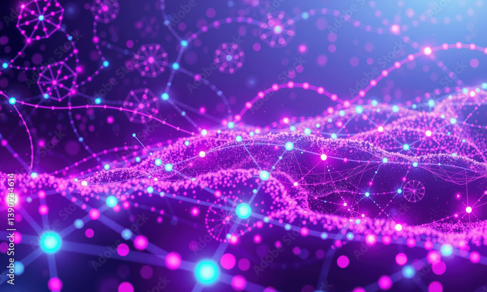 Poster vibrant abstract representation of quantum data visualization, featuring interconnected nodes and fl