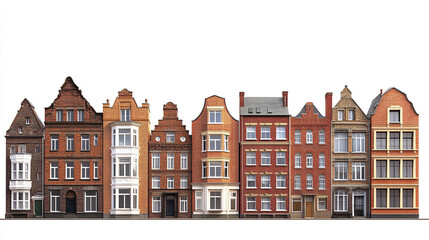 row of charming red brick buildings on white background