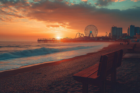 Empty bench on serene beach at sunset, with soft golden light and peaceful ocean waves in the background.
