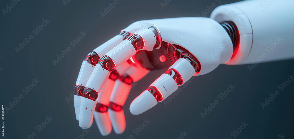 Poster high tech robotic hand with intricate design and glowing red accents showcases advanced engineering 