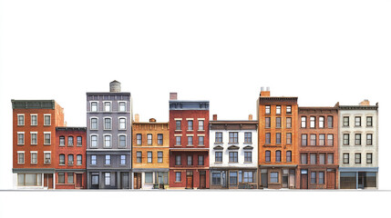 Row of colorful brick buildings on white background