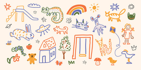 Set of cartoon childish elements including girl, animals, slide, swing, house, rainbow, stars, tree and sun, UFO, kite, planet, and flowers. Flat crayon doodle style. Vector illustration on white. © roze ultra