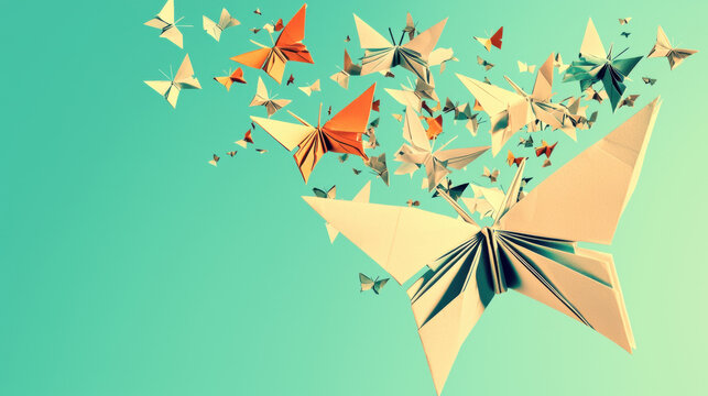 A collection of origami butterflies in various colors and sizes, scattered across a gradient background.
