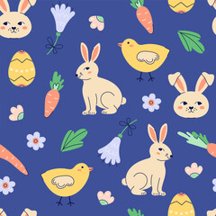 Happy Easter seamless pattern with bunny, chick and flowers on dark background. Happy Easter hand drawn card. Flat illustration with partial outline. Vector illustration.
