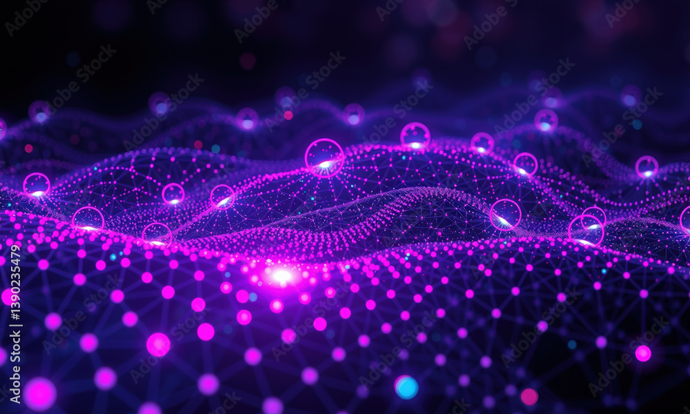 Poster vibrant digital landscape showcases interconnected nodes and glowing spheres, creating mesmerizing v