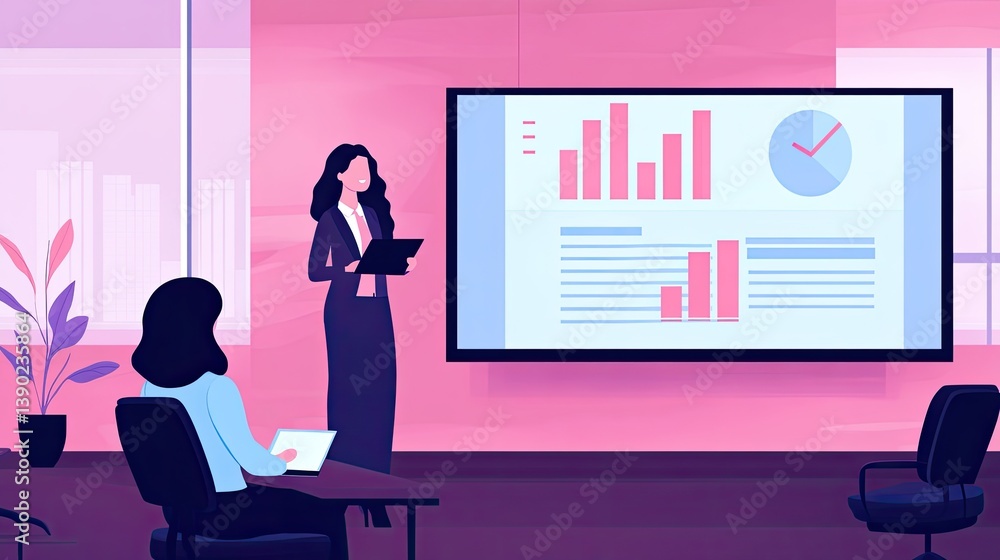 Poster professional business presentation with graphs and analytics in office