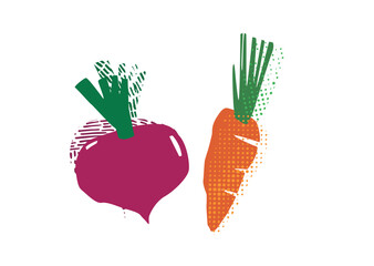 Hand-drawn illustration of a carrot and beetroot in a colorful, textured style. 