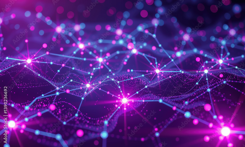 Poster vibrant digital network visualization featuring interconnected nodes and lines shades of blue and pi