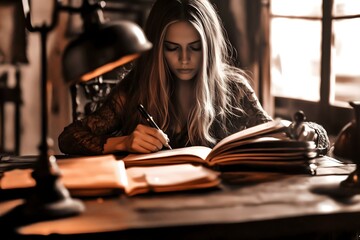 An image of a woman writing in a book at a table by lamplight in a vintage setting. Perfect for writing blogs, book promotions, and projects related to creativity and inspiration.