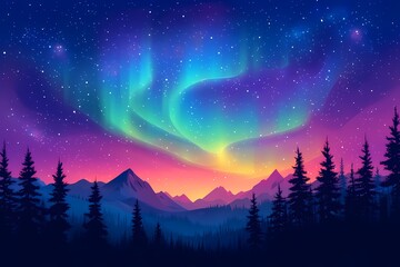 Fototapeta premium Vibrant Aurora Borealis Over Mountainous Wilderness: Enchanting Northern Lights Night Sky