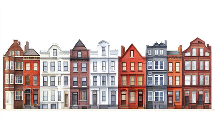 Row of colorful brick buildings on white background. Urban architecture