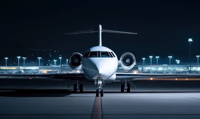 Fototapeta premium A luxurious private plane or jet on the runway at a night airport, illuminated by lights, an epic photo of VIP air transport and the empty runway, AI generated