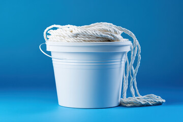 Bucket with a rope hanging from it in a rustic setting, against a backdrop of a clear blue sky and a lush green field.