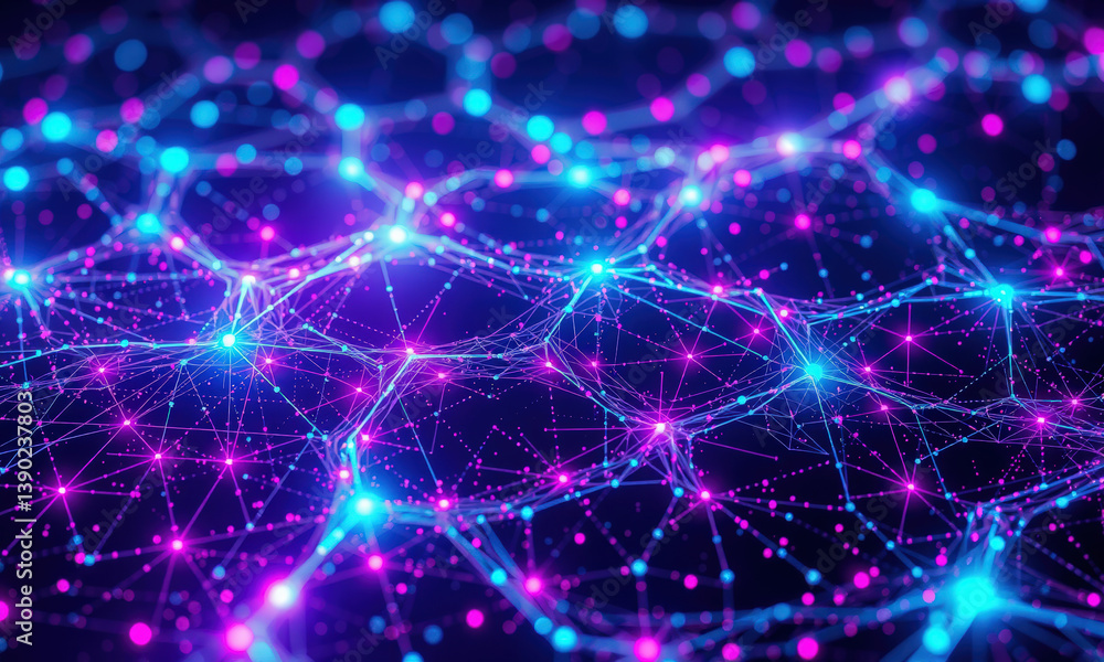 Poster vibrant digital network visualization featuring interconnected nodes and lines in shades of blue and